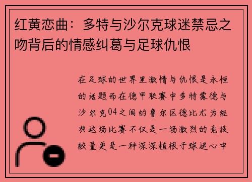 红黄恋曲：多特与沙尔克球迷禁忌之吻背后的情感纠葛与足球仇恨