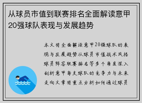 从球员市值到联赛排名全面解读意甲20强球队表现与发展趋势