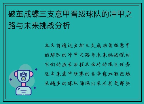 破茧成蝶三支意甲晋级球队的冲甲之路与未来挑战分析